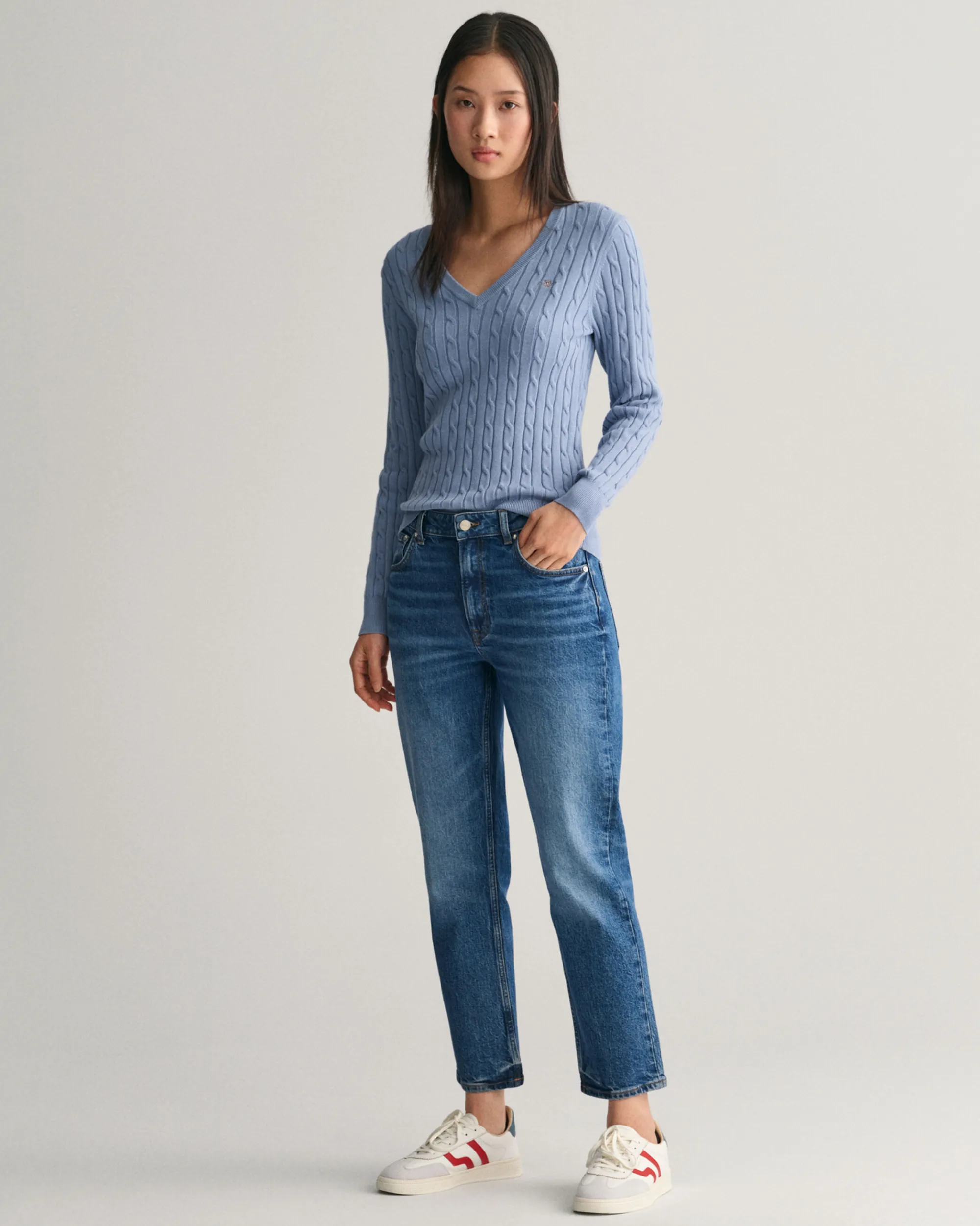 Stretch Cotton Cable Knit V-Neck Sweater