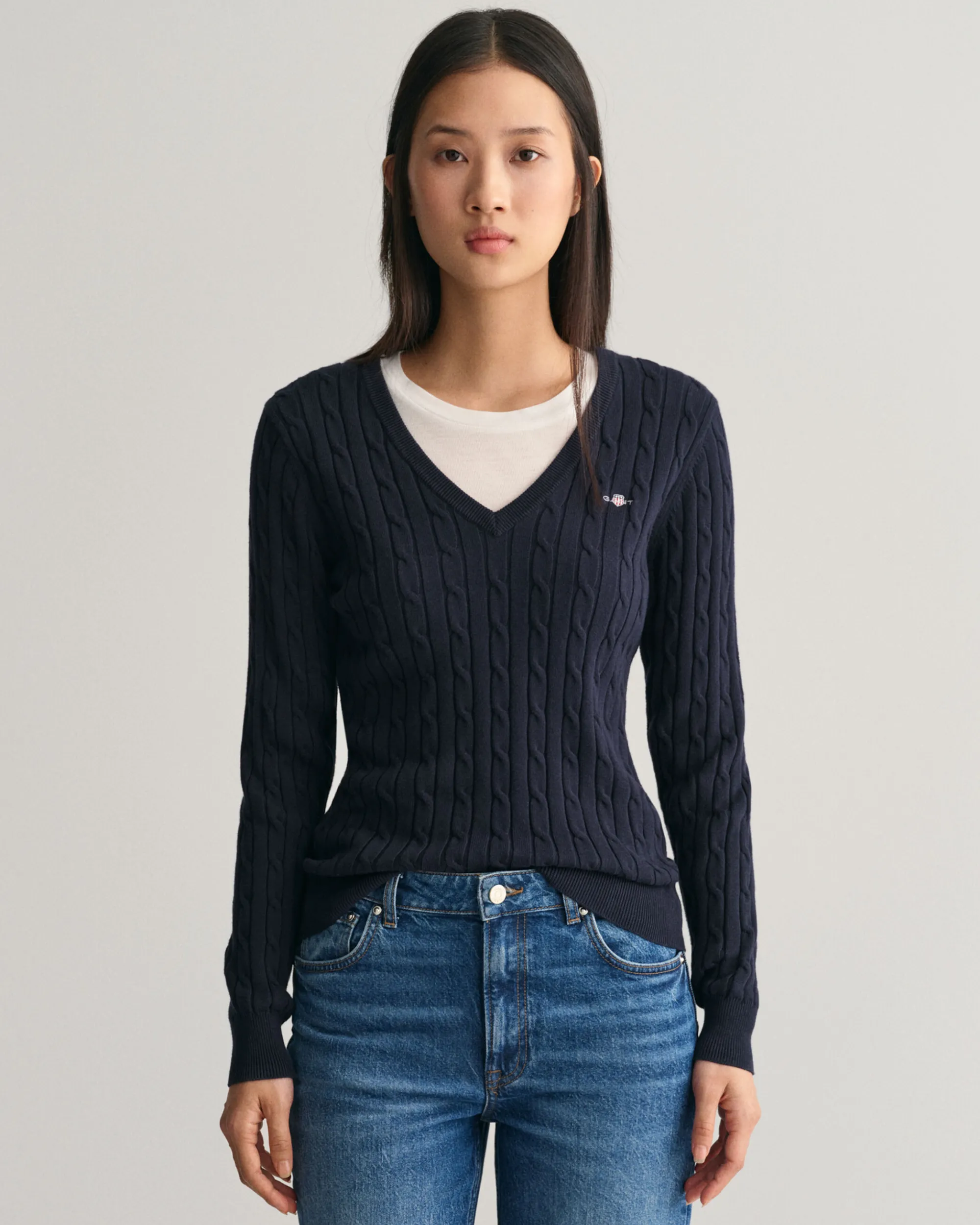 Stretch Cotton Cable Knit V-Neck Sweater