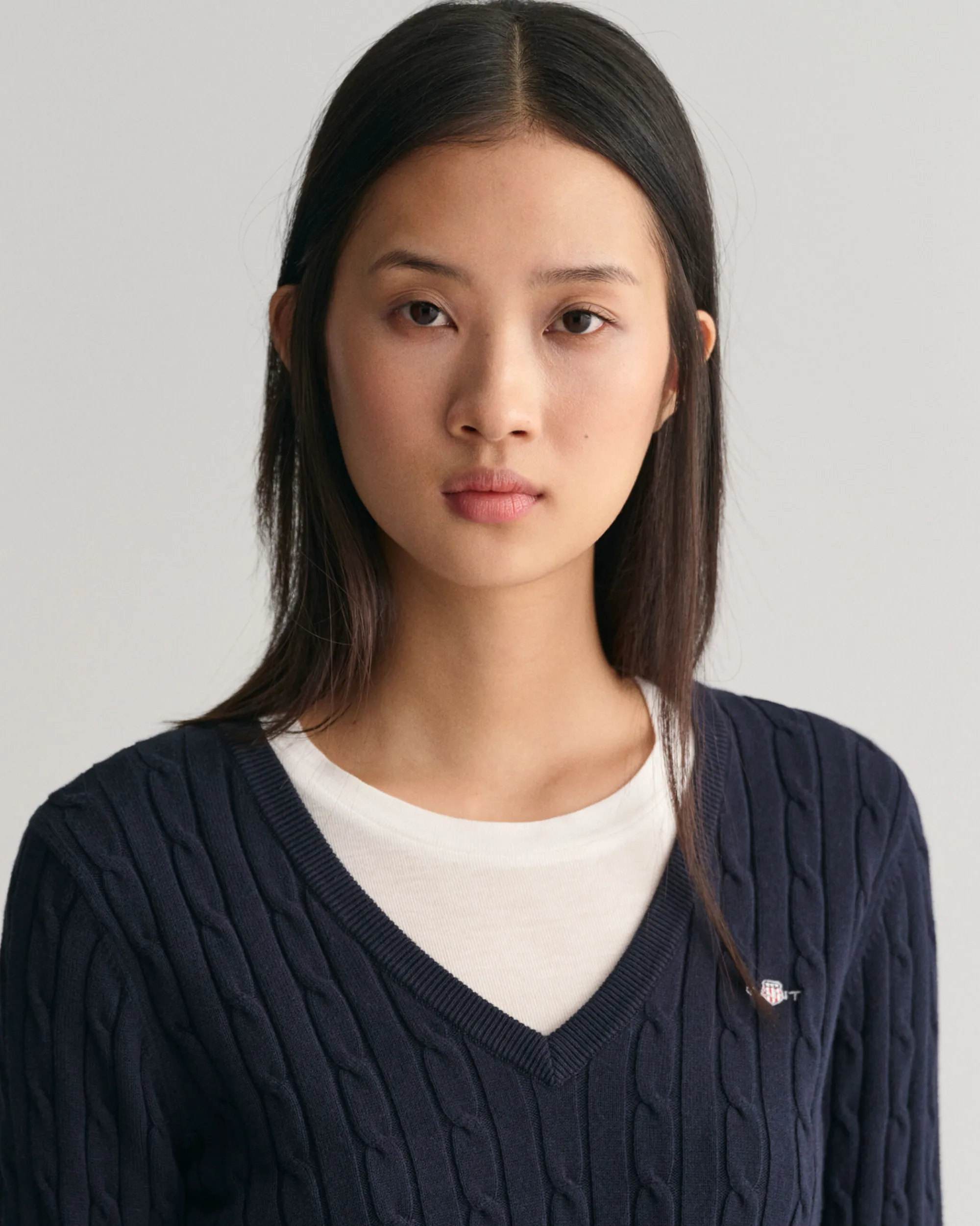 Stretch Cotton Cable Knit V-Neck Sweater