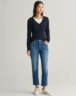 Stretch Cotton Cable Knit V-Neck Sweater