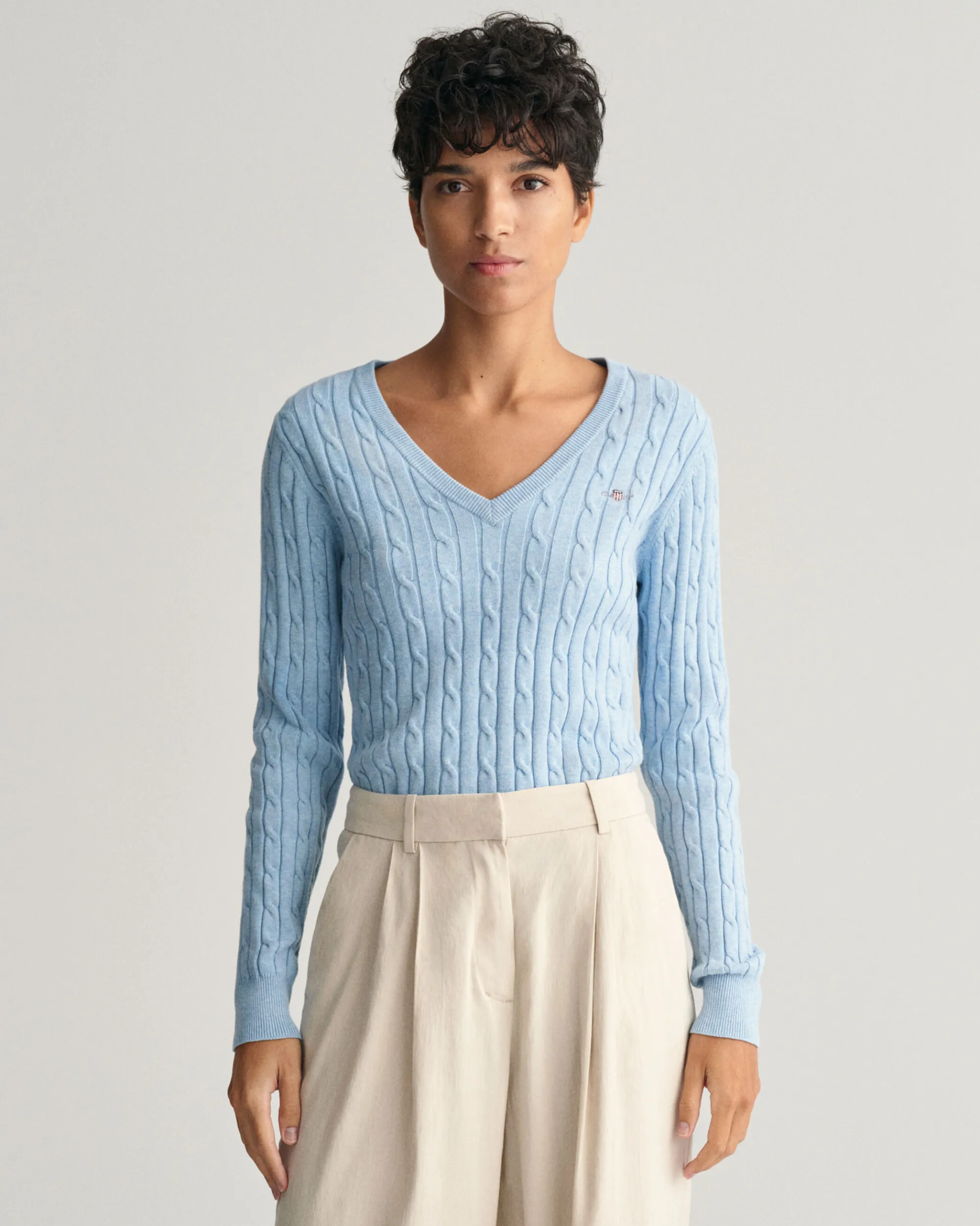 Stretch Cotton Cable Knit V-Neck Sweater