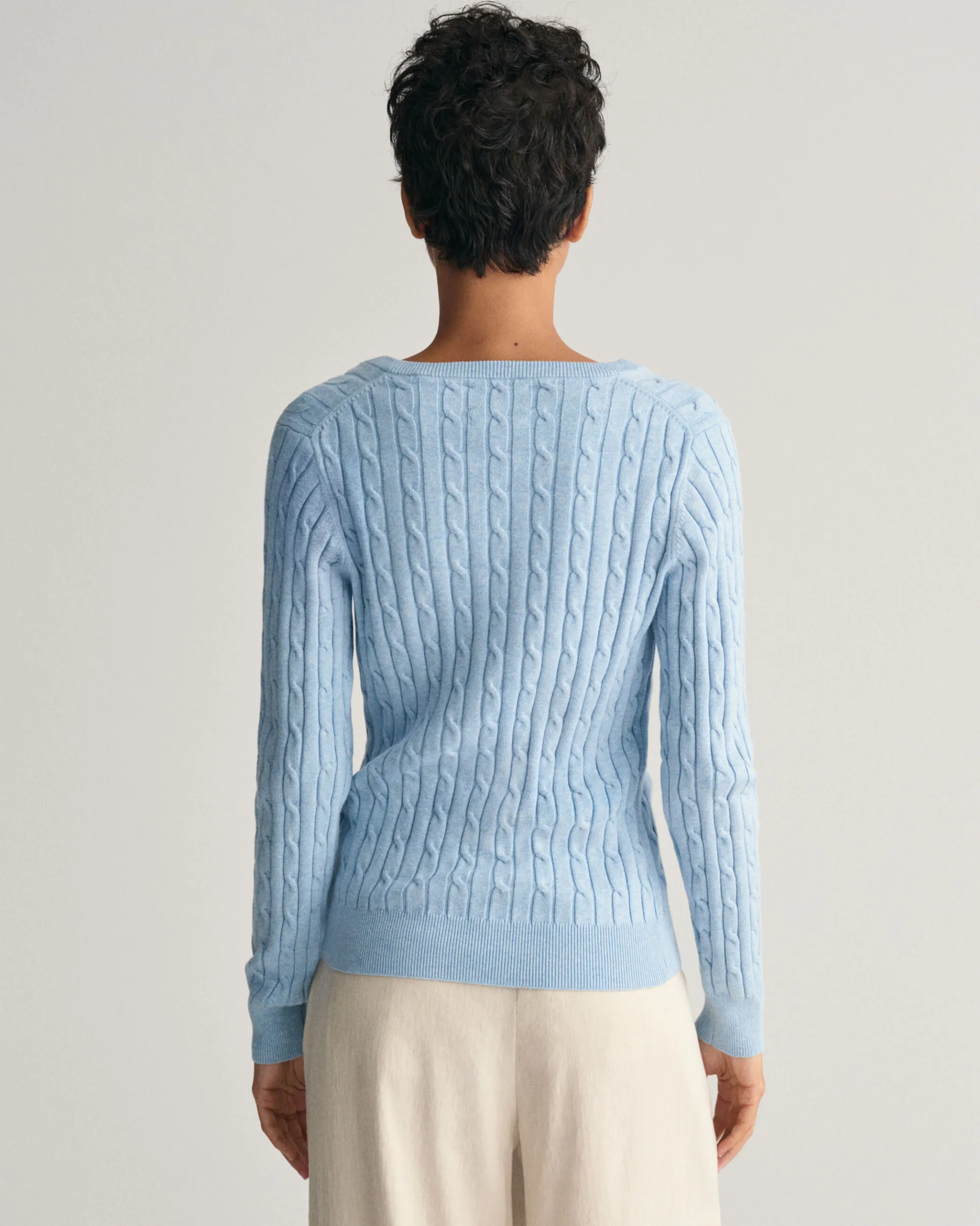 Stretch Cotton Cable Knit V-Neck Sweater