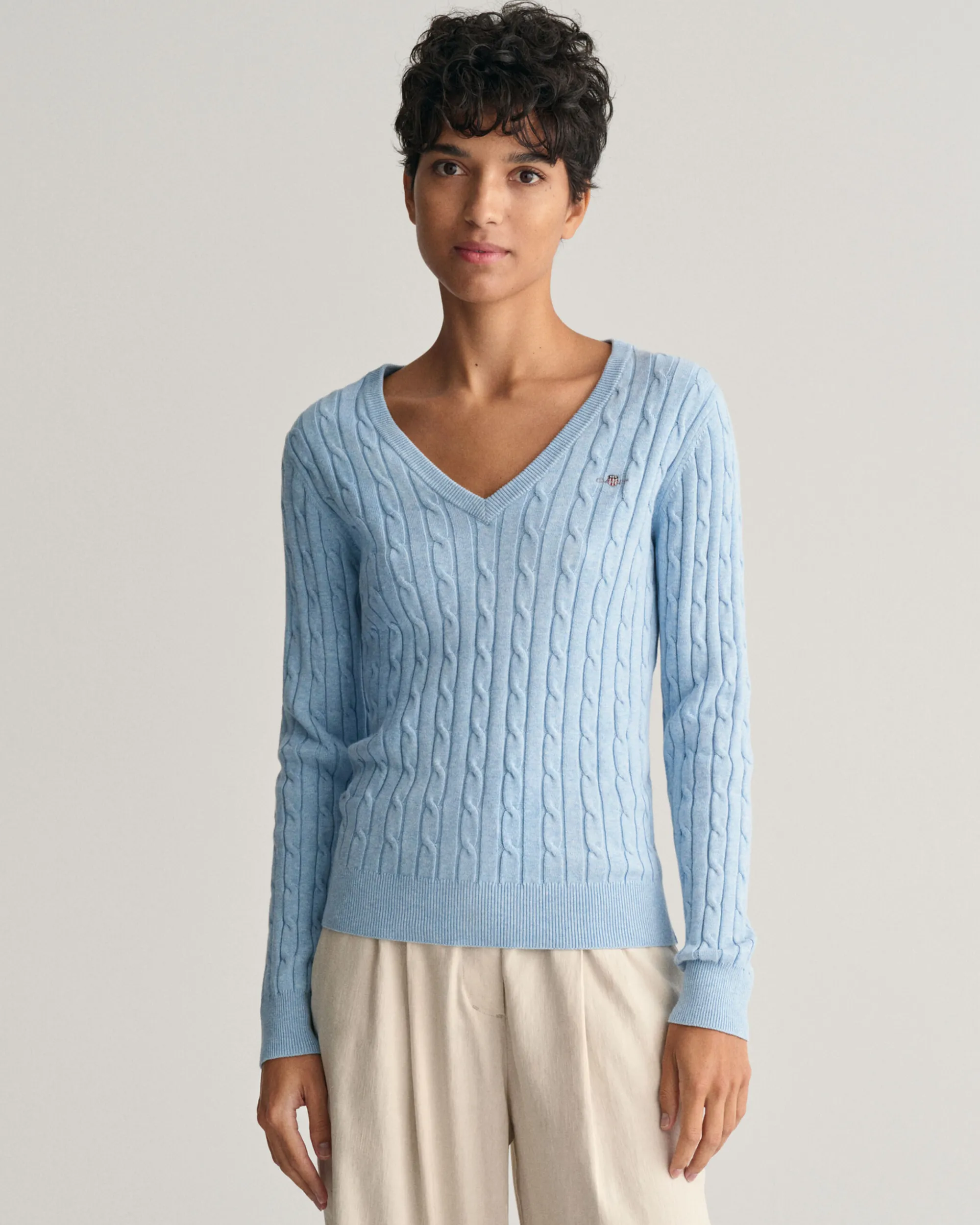 Stretch Cotton Cable Knit V-Neck Sweater