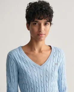 Stretch Cotton Cable Knit V-Neck Sweater