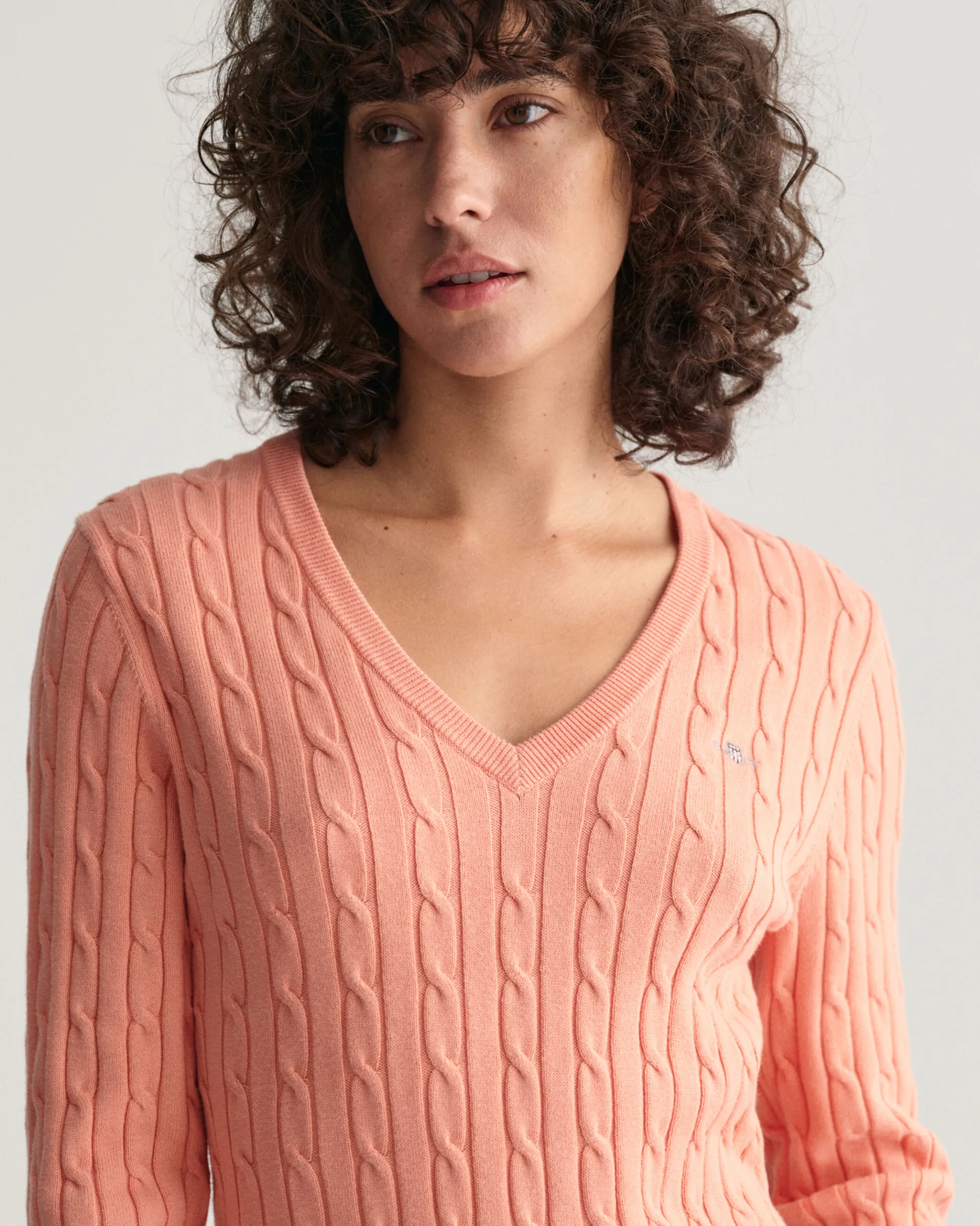 Stretch Cotton Cable Knit V-Neck Sweater