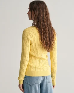 Stretch Cotton Cable Knit V-Neck Sweater