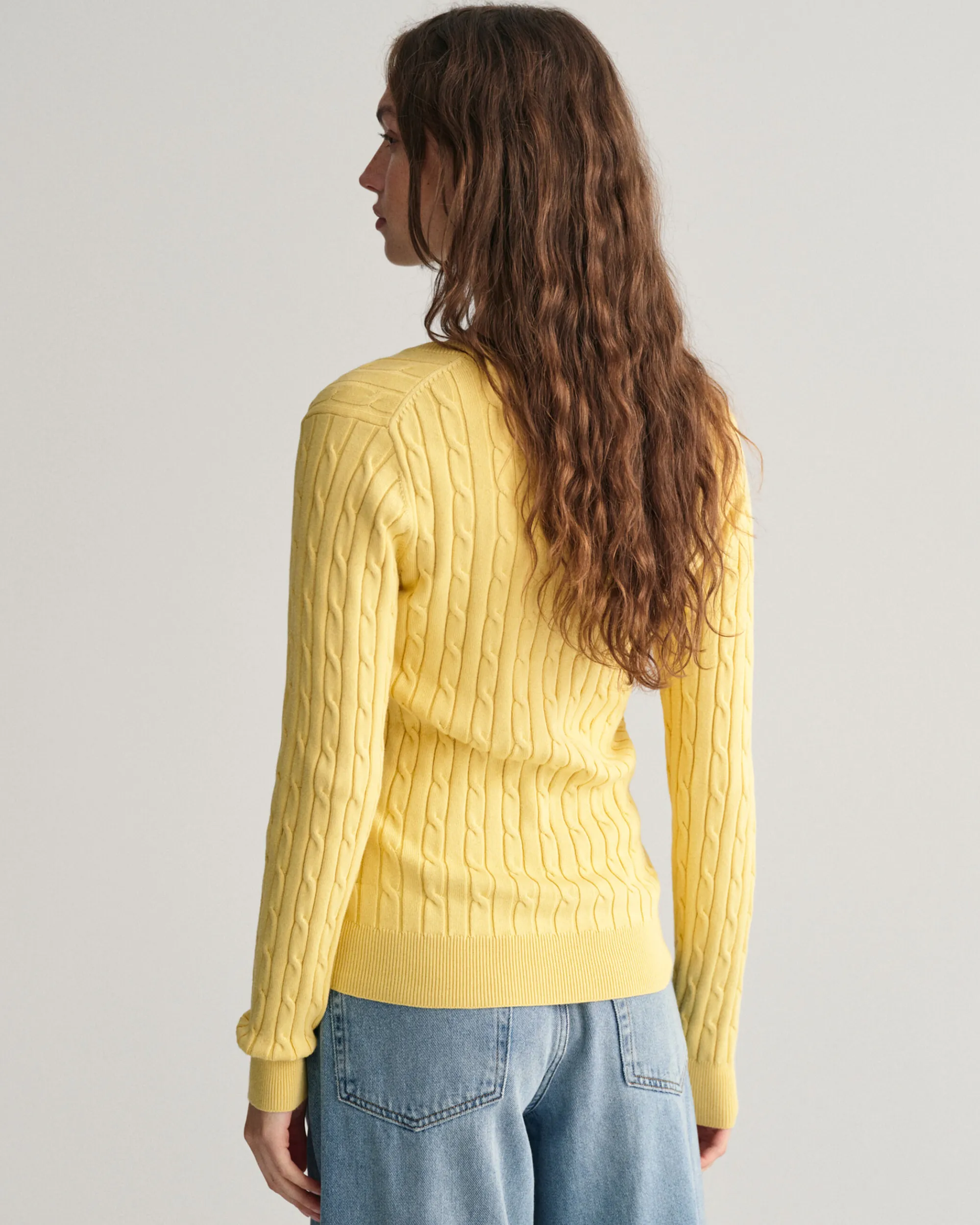 Stretch Cotton Cable Knit V-Neck Sweater