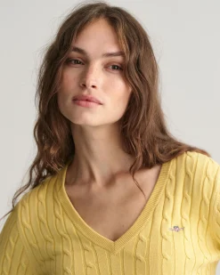 Stretch Cotton Cable Knit V-Neck Sweater