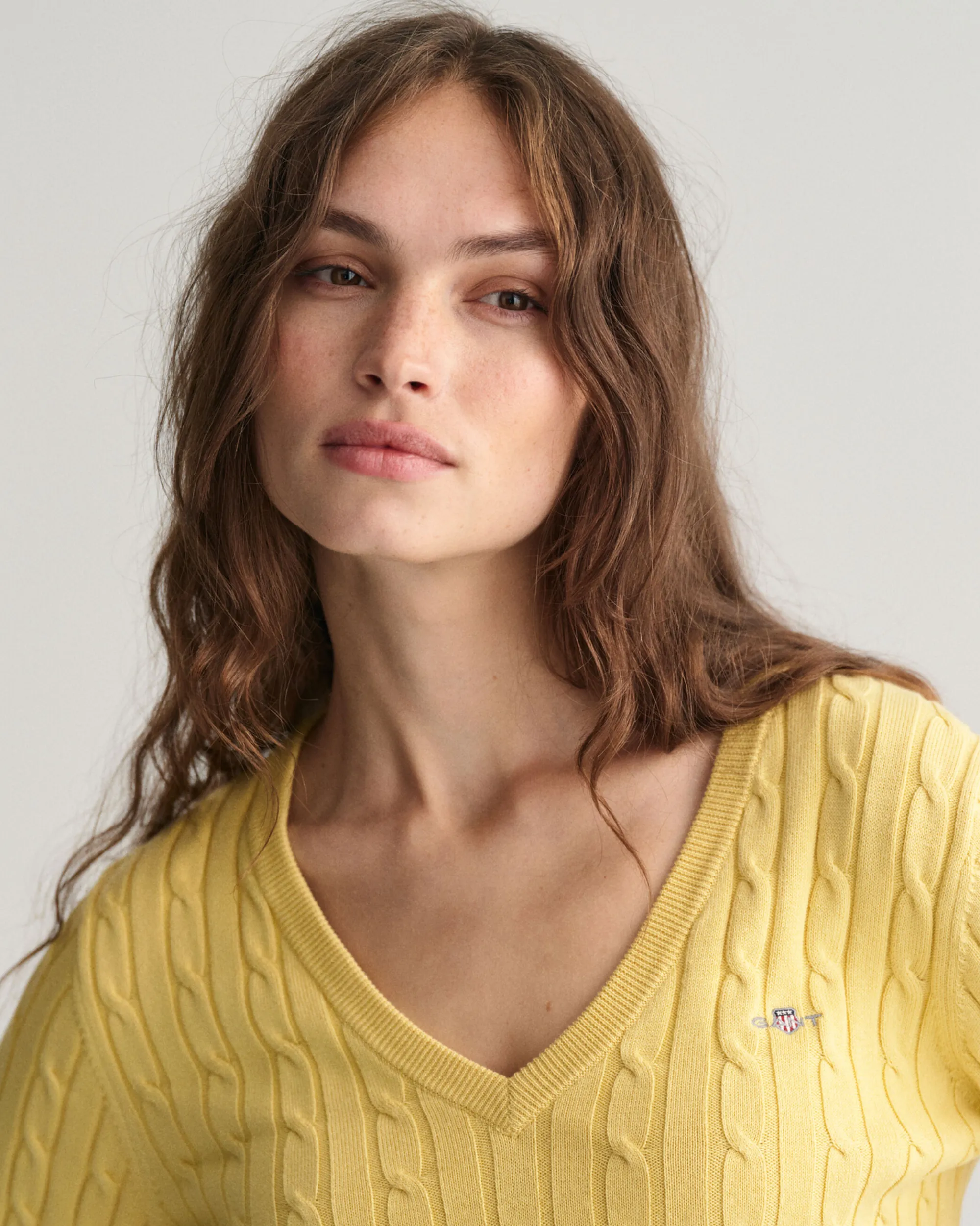 Stretch Cotton Cable Knit V-Neck Sweater