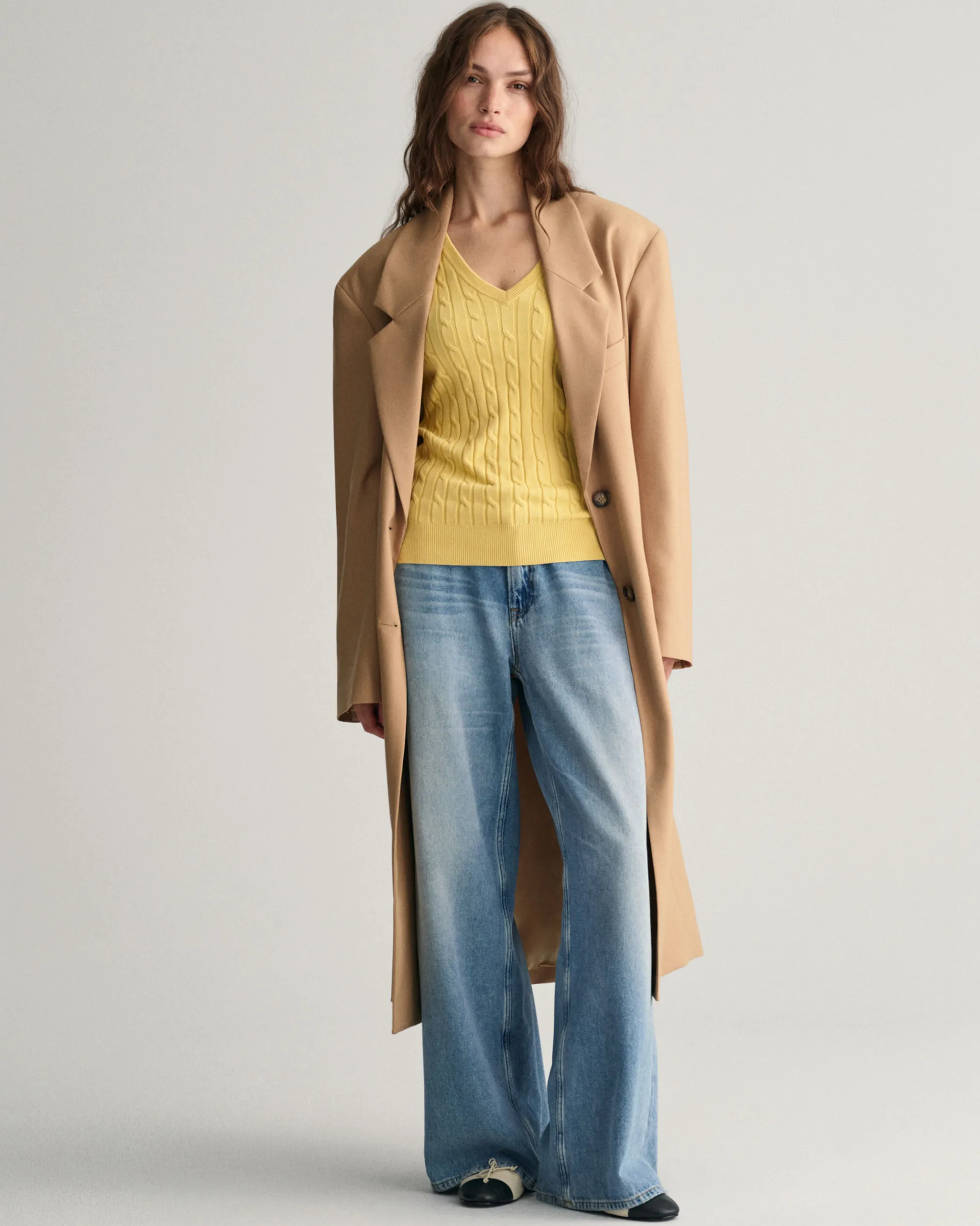 Stretch Cotton Cable Knit V-Neck Sweater