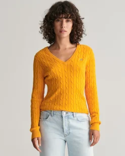 Stretch Cotton Cable Knit V-Neck Sweater