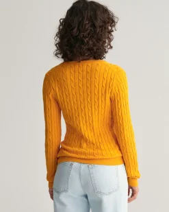 Stretch Cotton Cable Knit V-Neck Sweater
