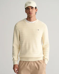 Striped Textured Cotton Crew Neck Sweater