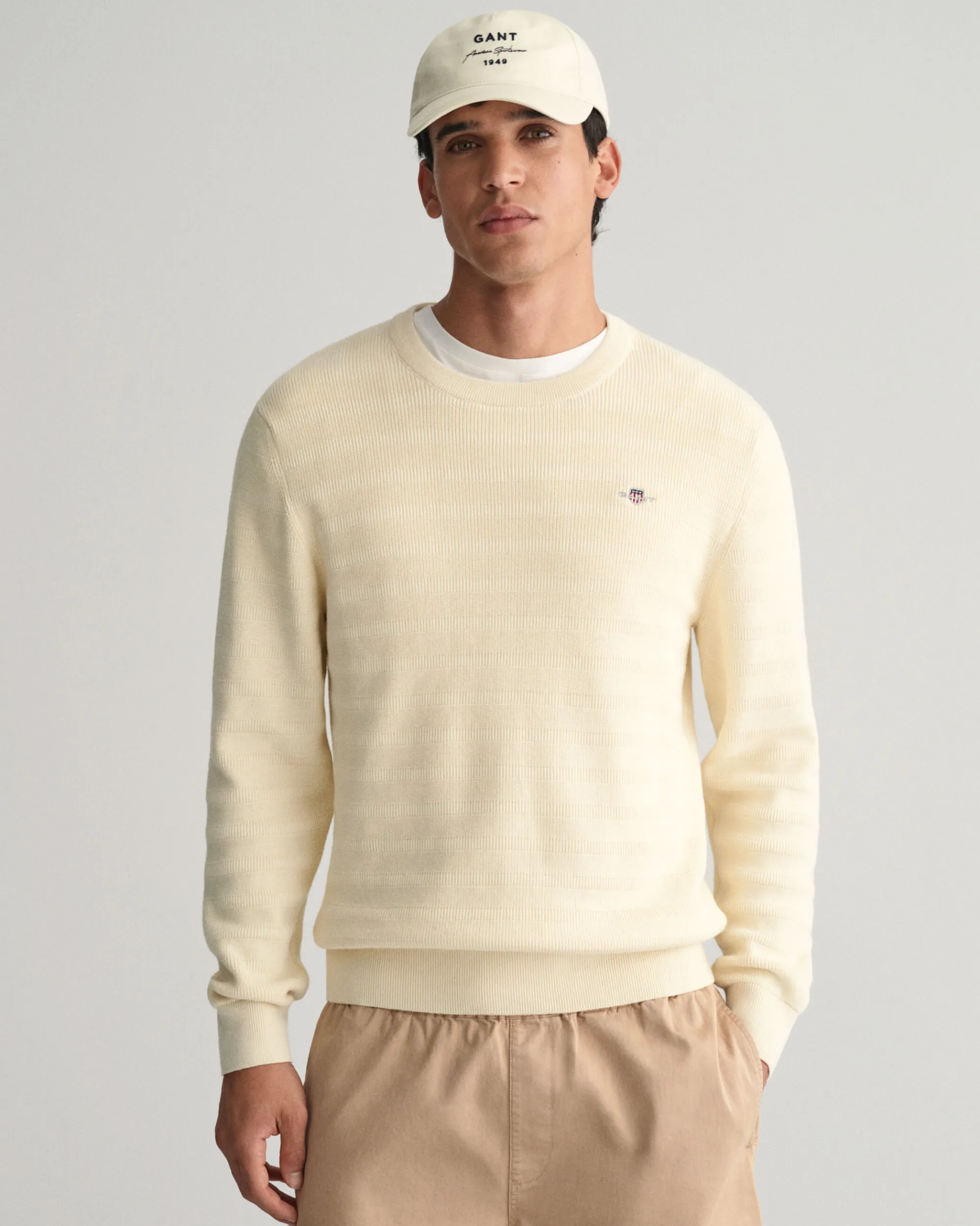 Striped Textured Cotton Crew Neck Sweater