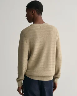 Striped Textured Cotton Crew Neck Sweater