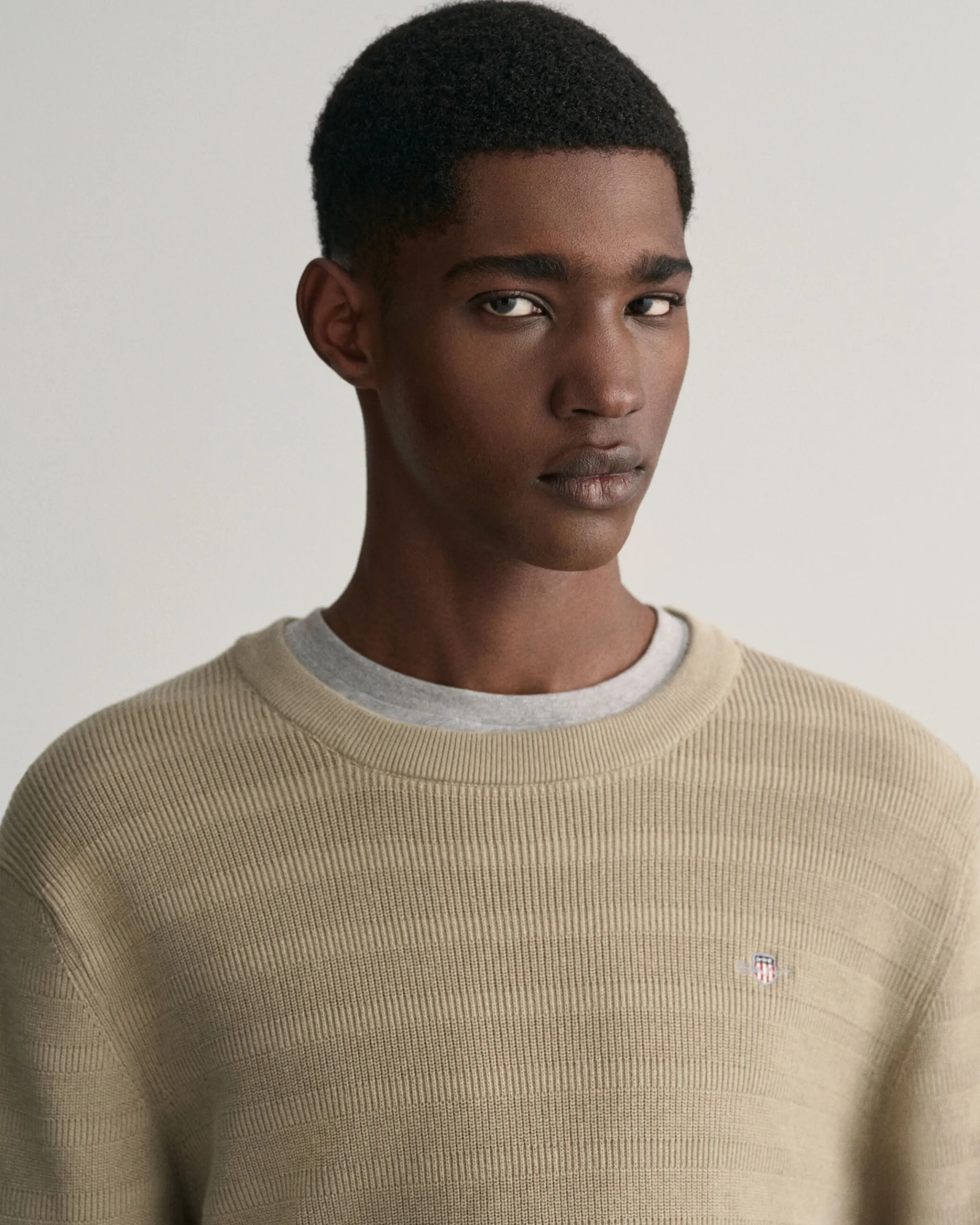 Striped Textured Cotton Crew Neck Sweater