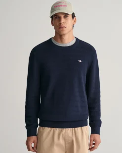 Striped Textured Cotton Crew Neck Sweater