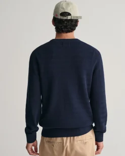 Striped Textured Cotton Crew Neck Sweater