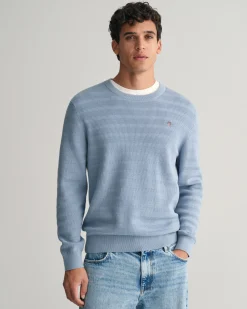 Striped Textured Cotton Crew Neck Sweater