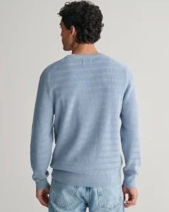 Striped Textured Cotton Crew Neck Sweater