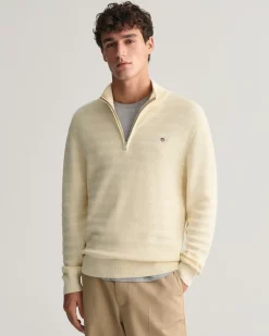 Striped Textured Cotton Half-Zip Sweater