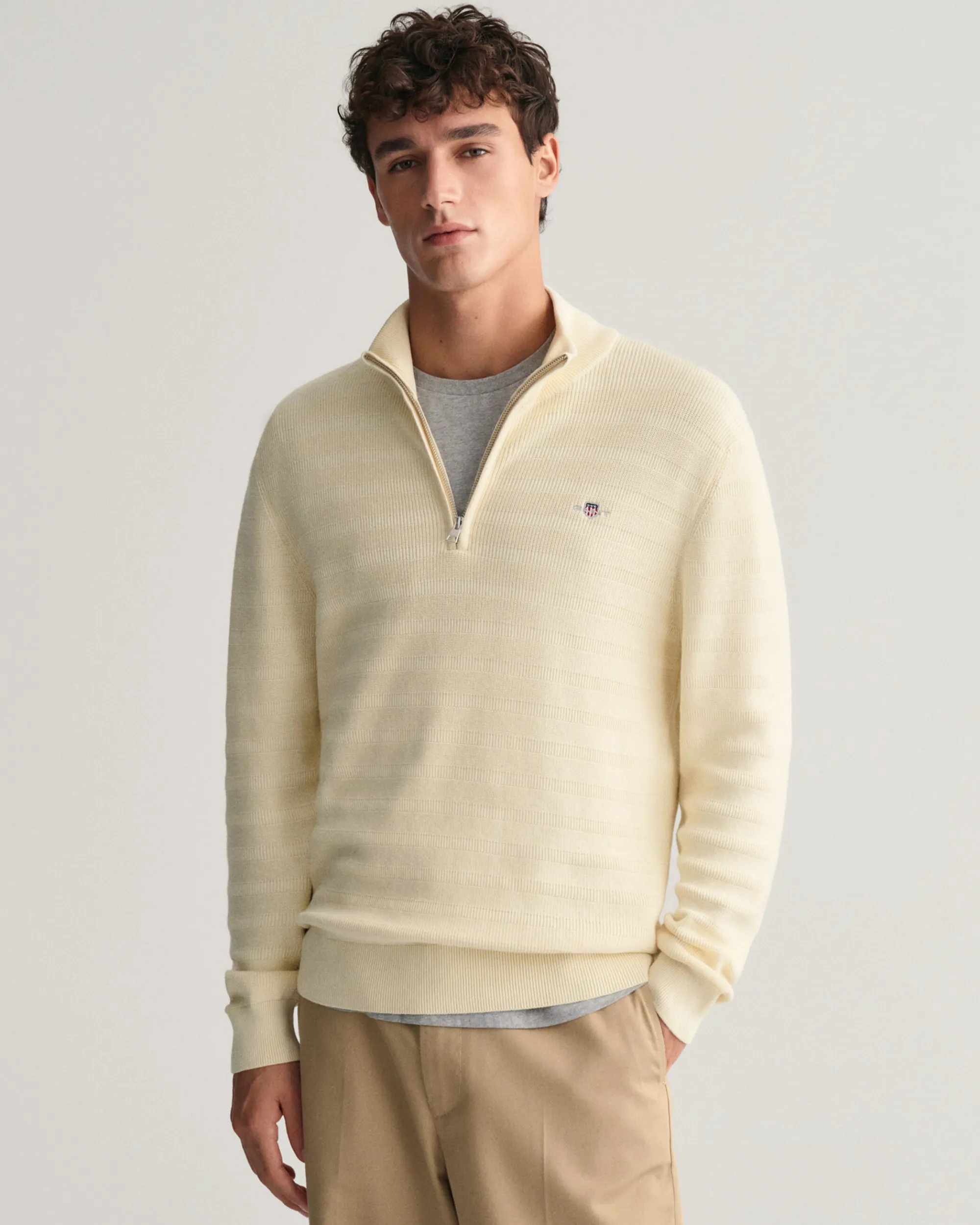 Striped Textured Cotton Half-Zip Sweater