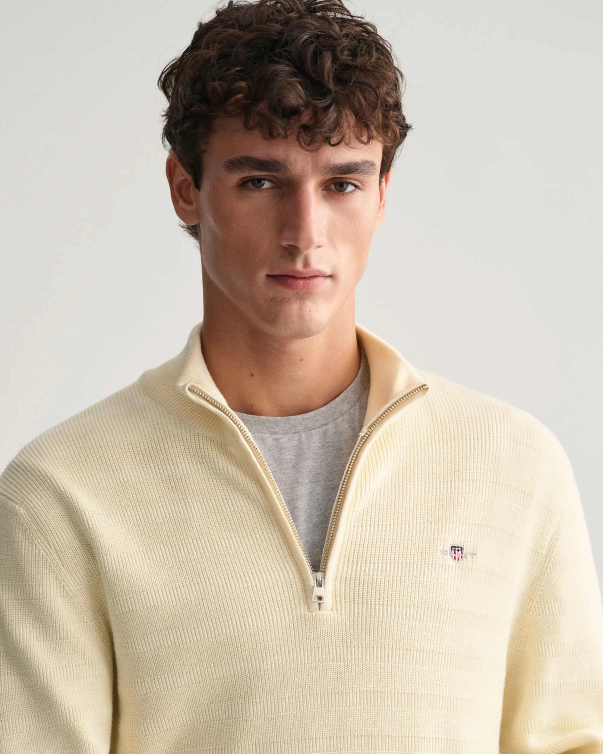 Striped Textured Cotton Half-Zip Sweater