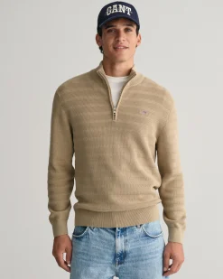 Striped Textured Cotton Half-Zip Sweater