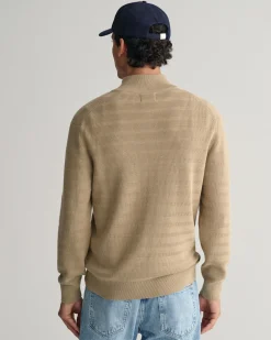 Striped Textured Cotton Half-Zip Sweater
