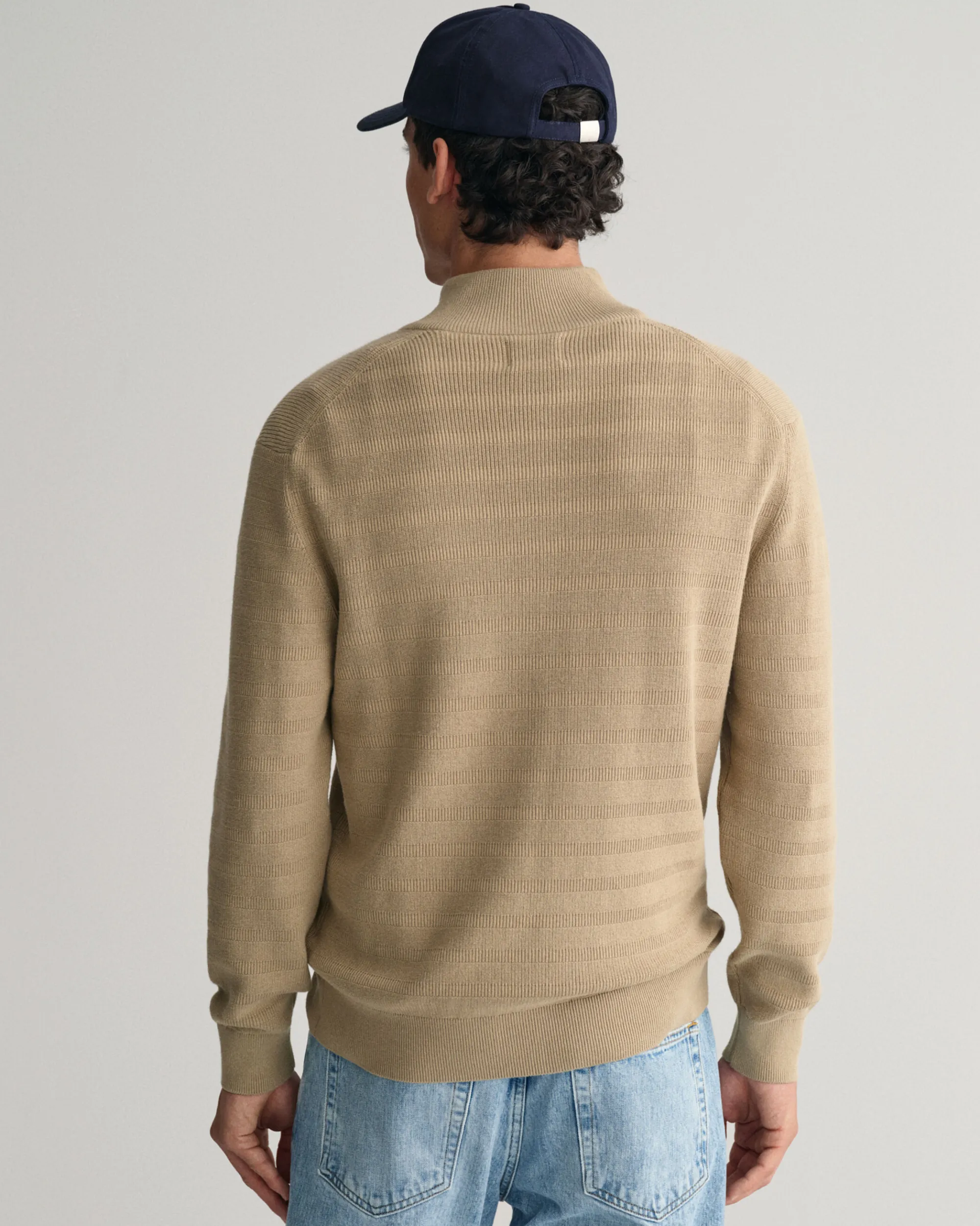 Striped Textured Cotton Half-Zip Sweater