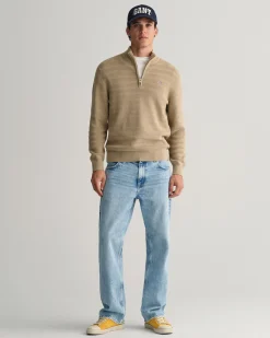 Striped Textured Cotton Half-Zip Sweater