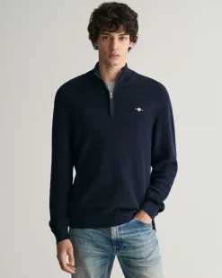 Striped Textured Cotton Half-Zip Sweater