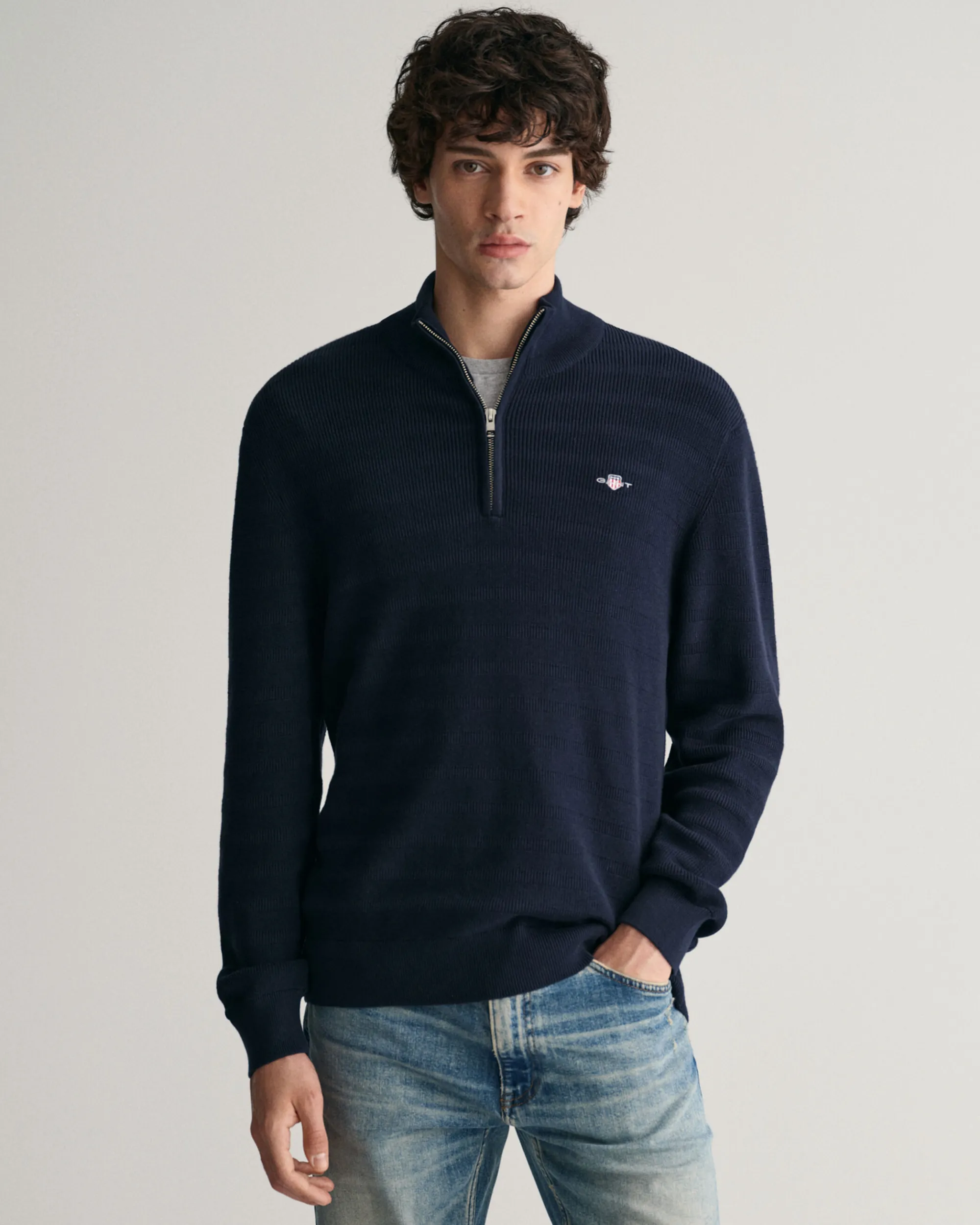 Striped Textured Cotton Half-Zip Sweater