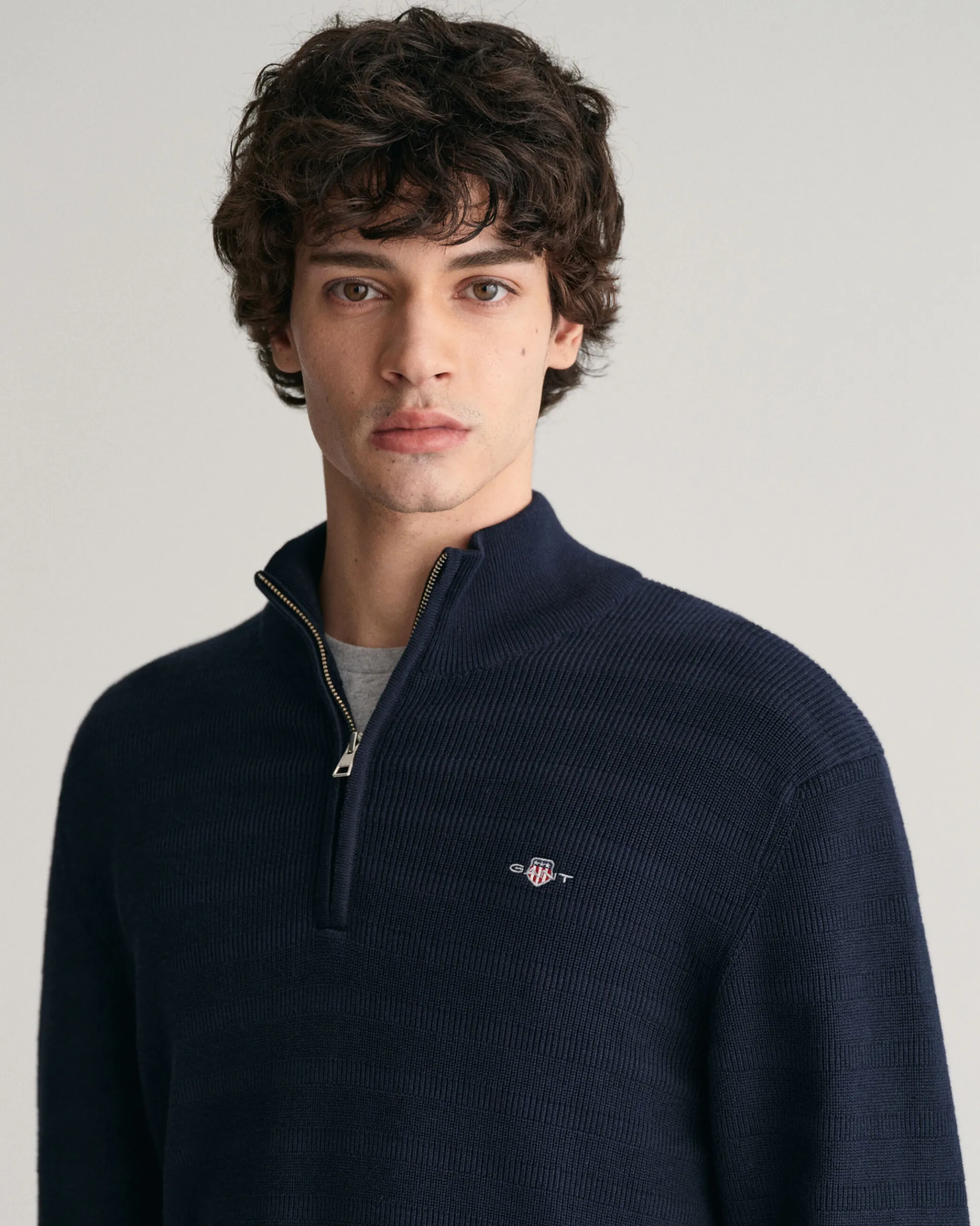Striped Textured Cotton Half-Zip Sweater