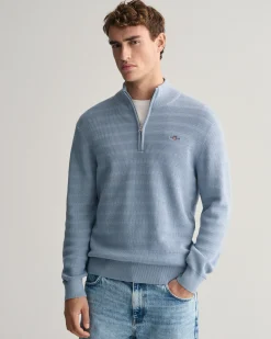 Striped Textured Cotton Half-Zip Sweater