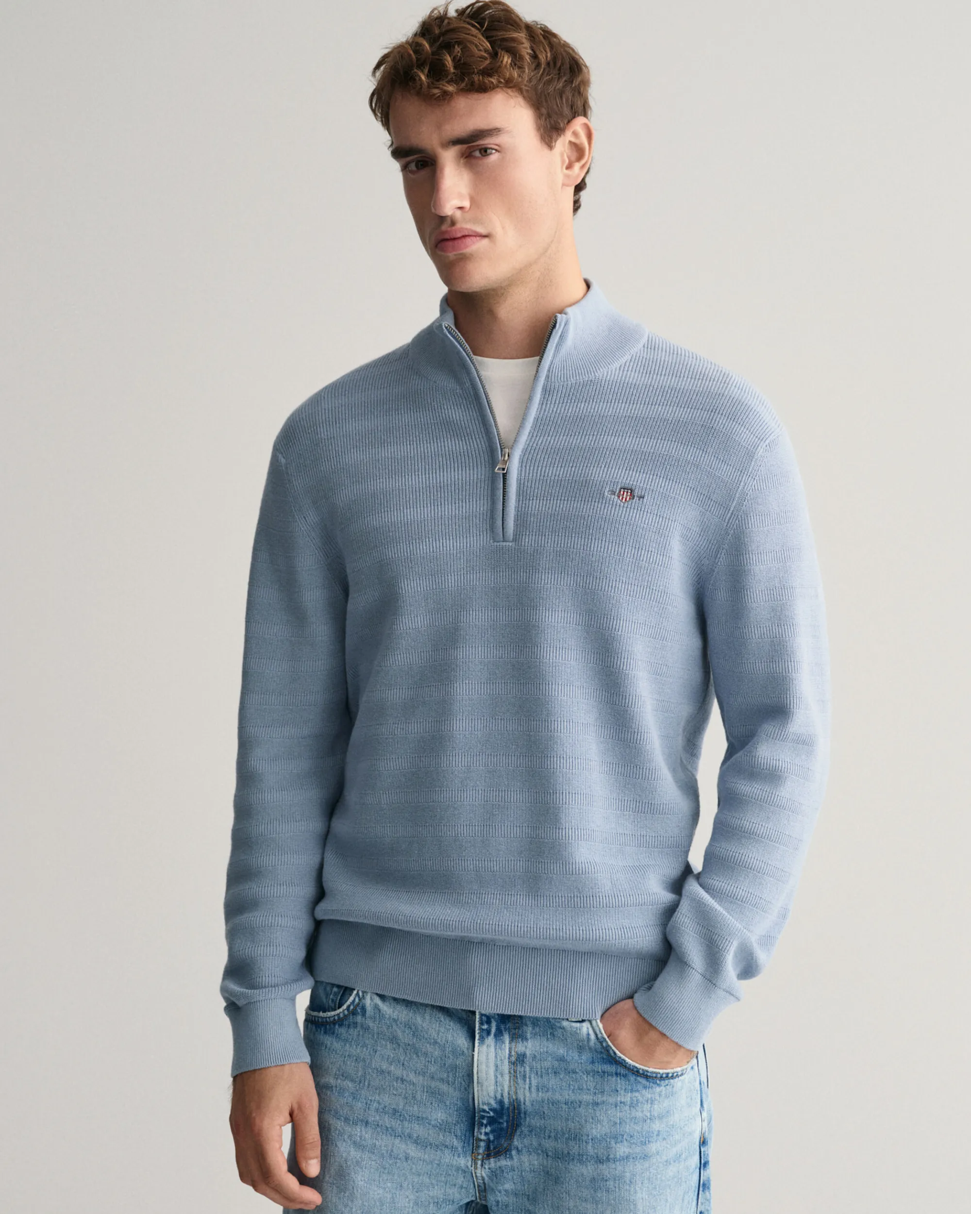 Striped Textured Cotton Half-Zip Sweater