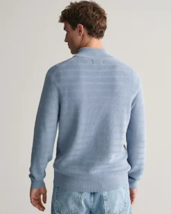 Striped Textured Cotton Half-Zip Sweater