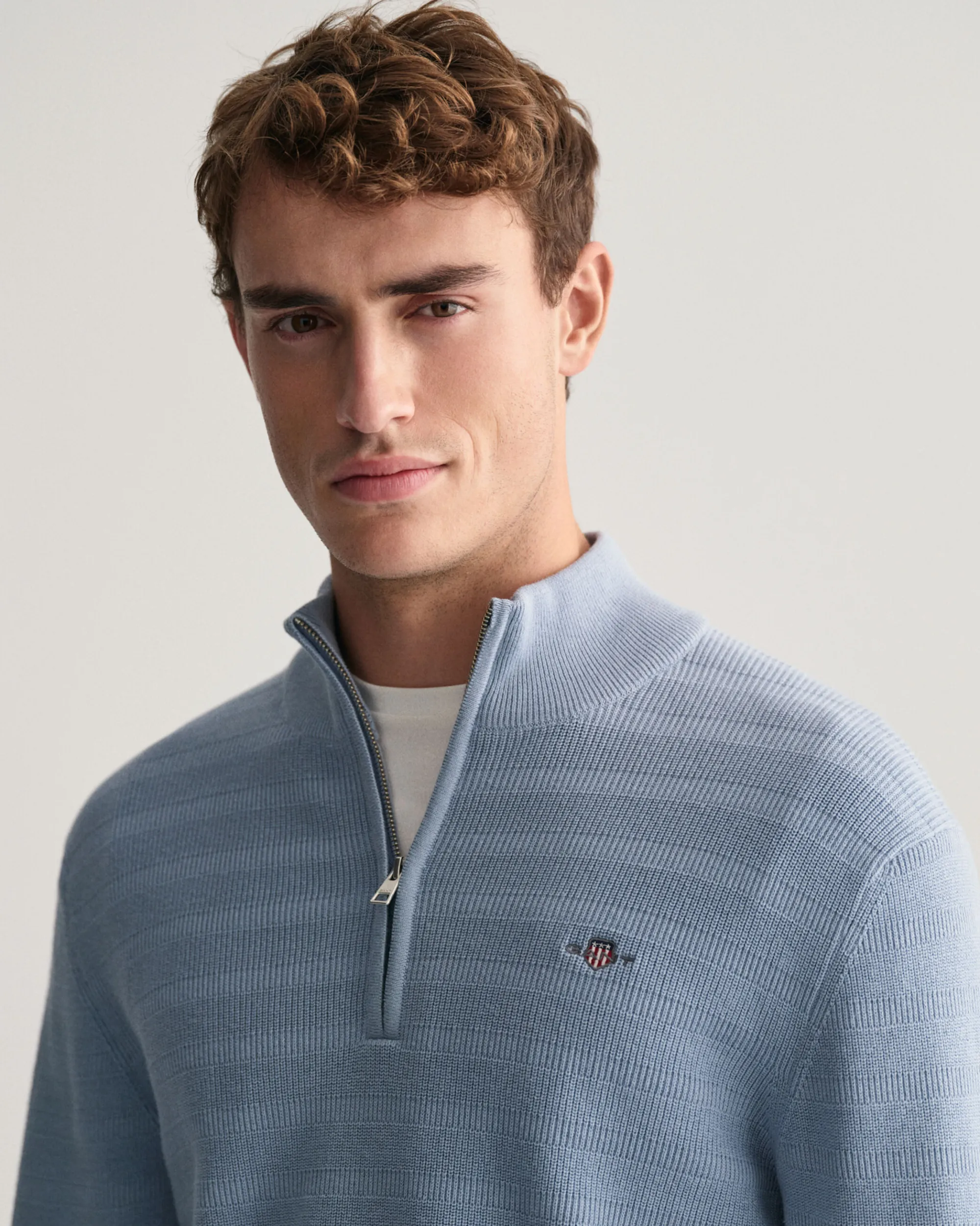 Striped Textured Cotton Half-Zip Sweater