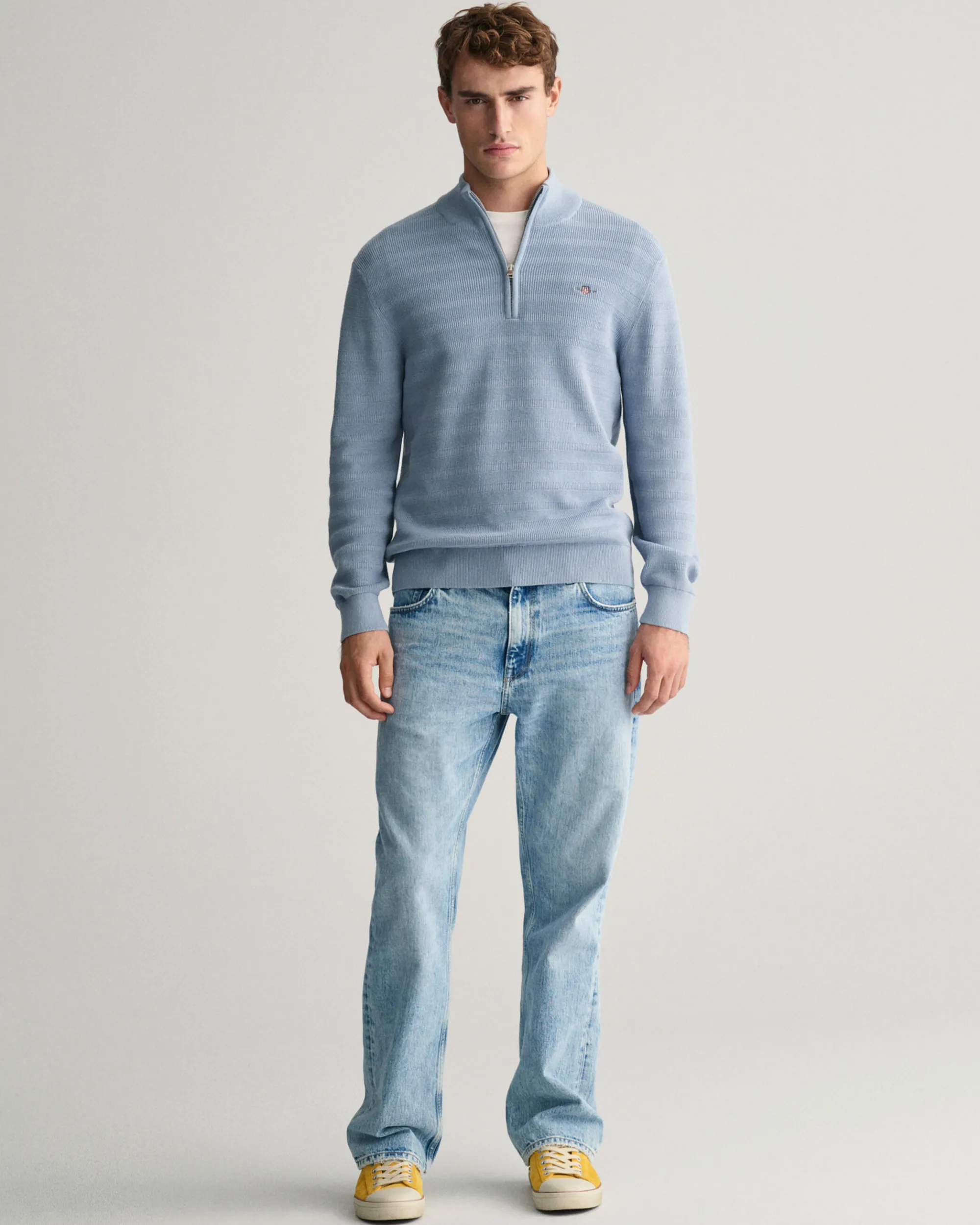 Striped Textured Cotton Half-Zip Sweater