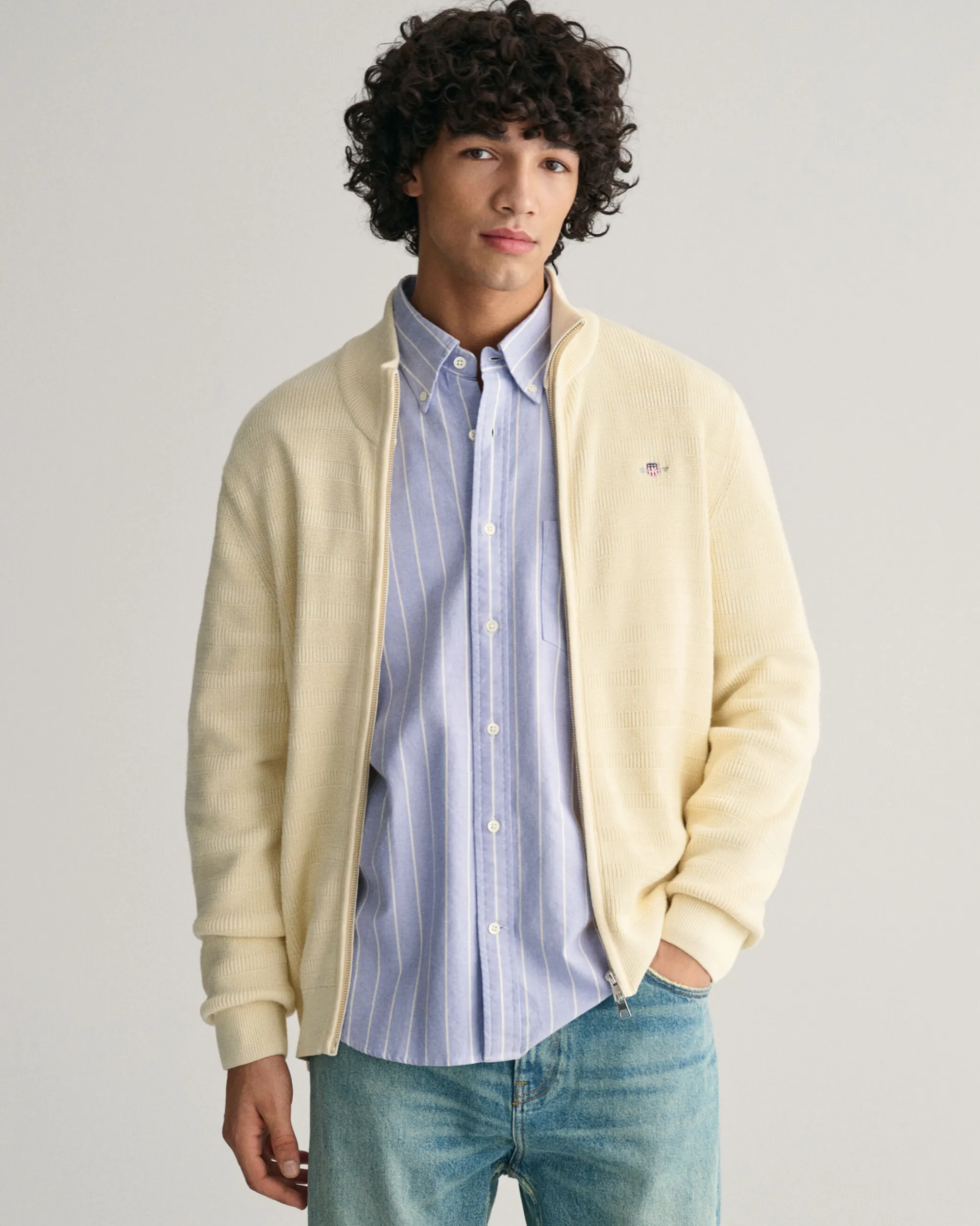 Striped Textured Cotton Zip Cardigan