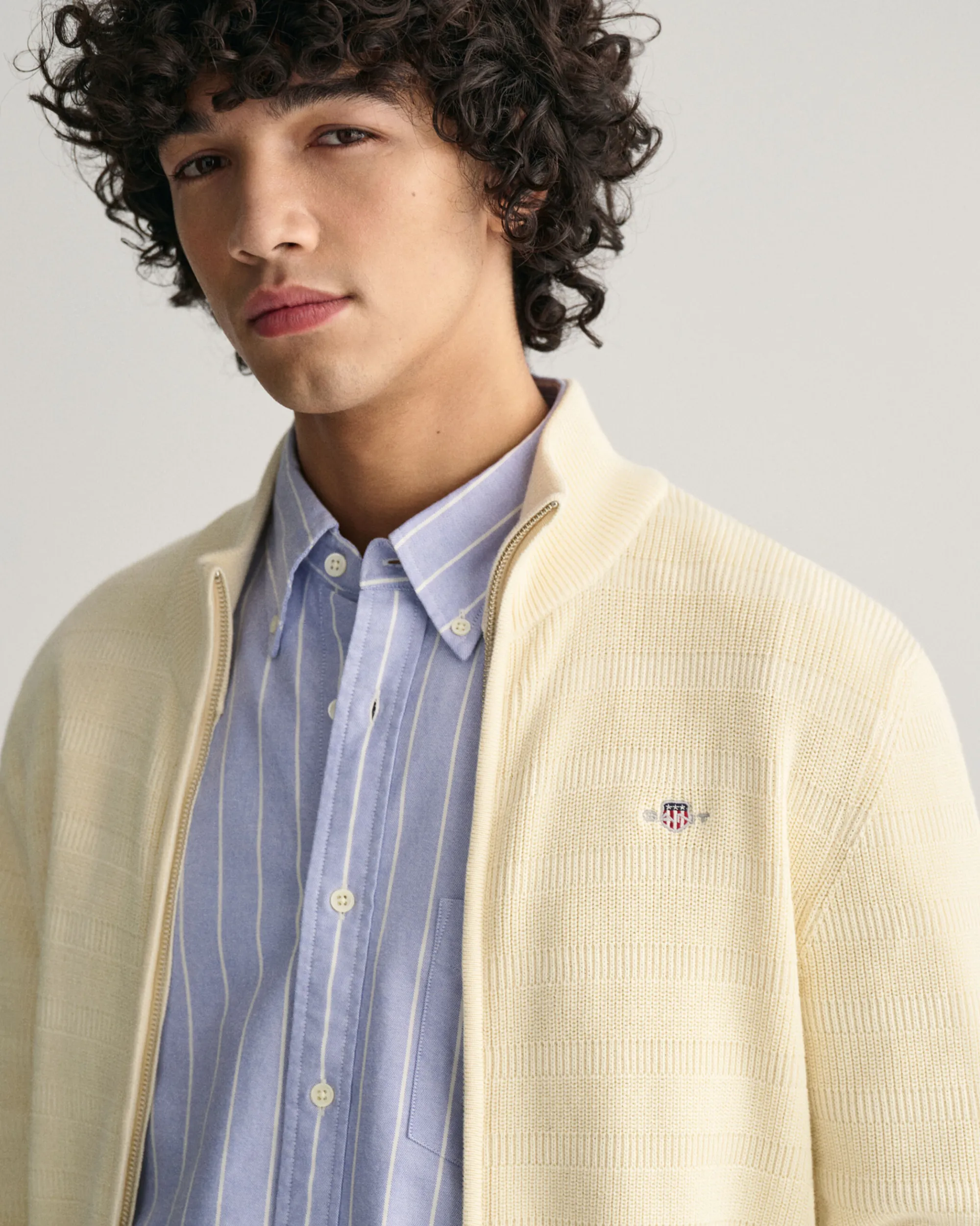 Striped Textured Cotton Zip Cardigan