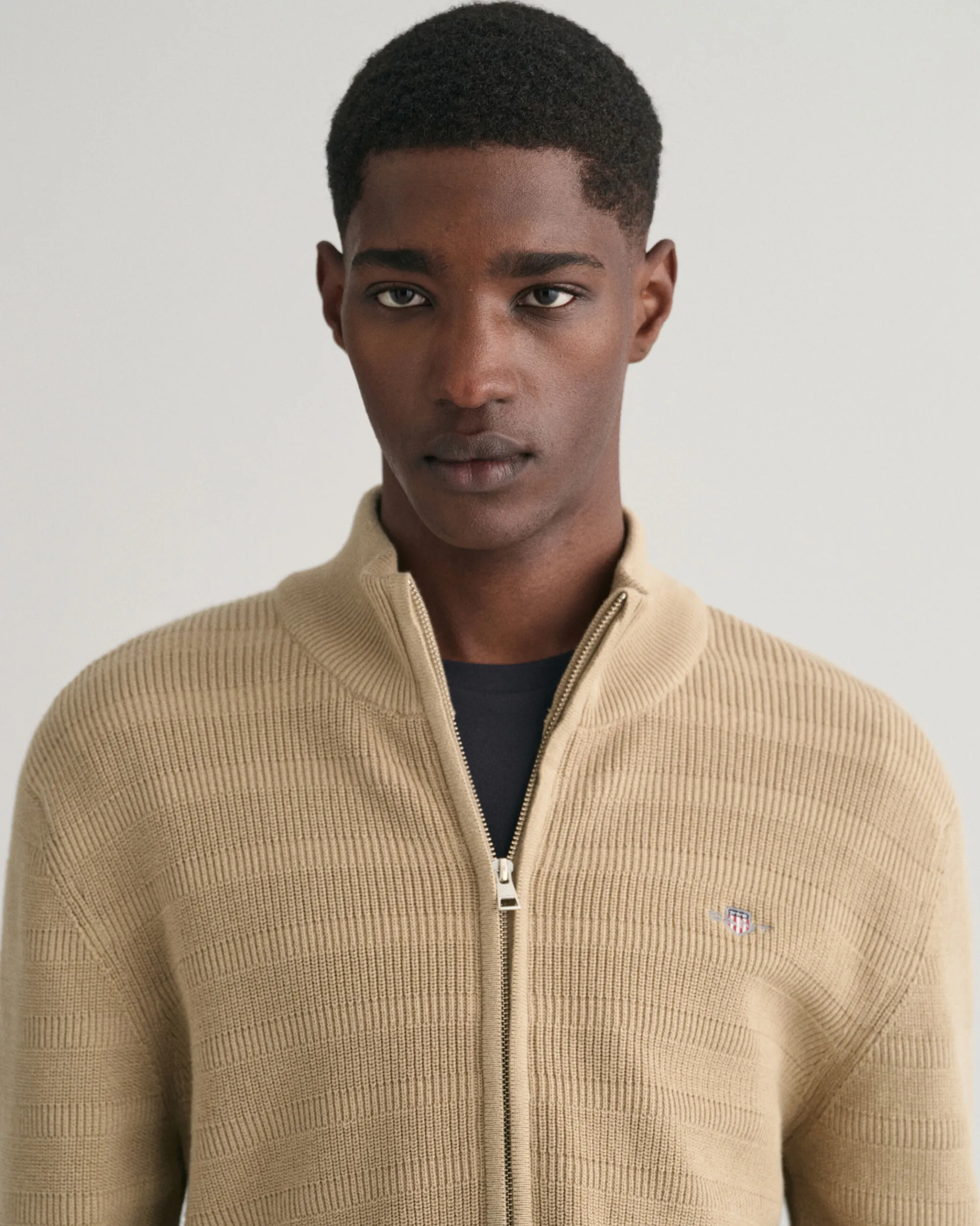 Striped Textured Cotton Zip Cardigan