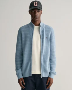 Striped Textured Cotton Zip Cardigan