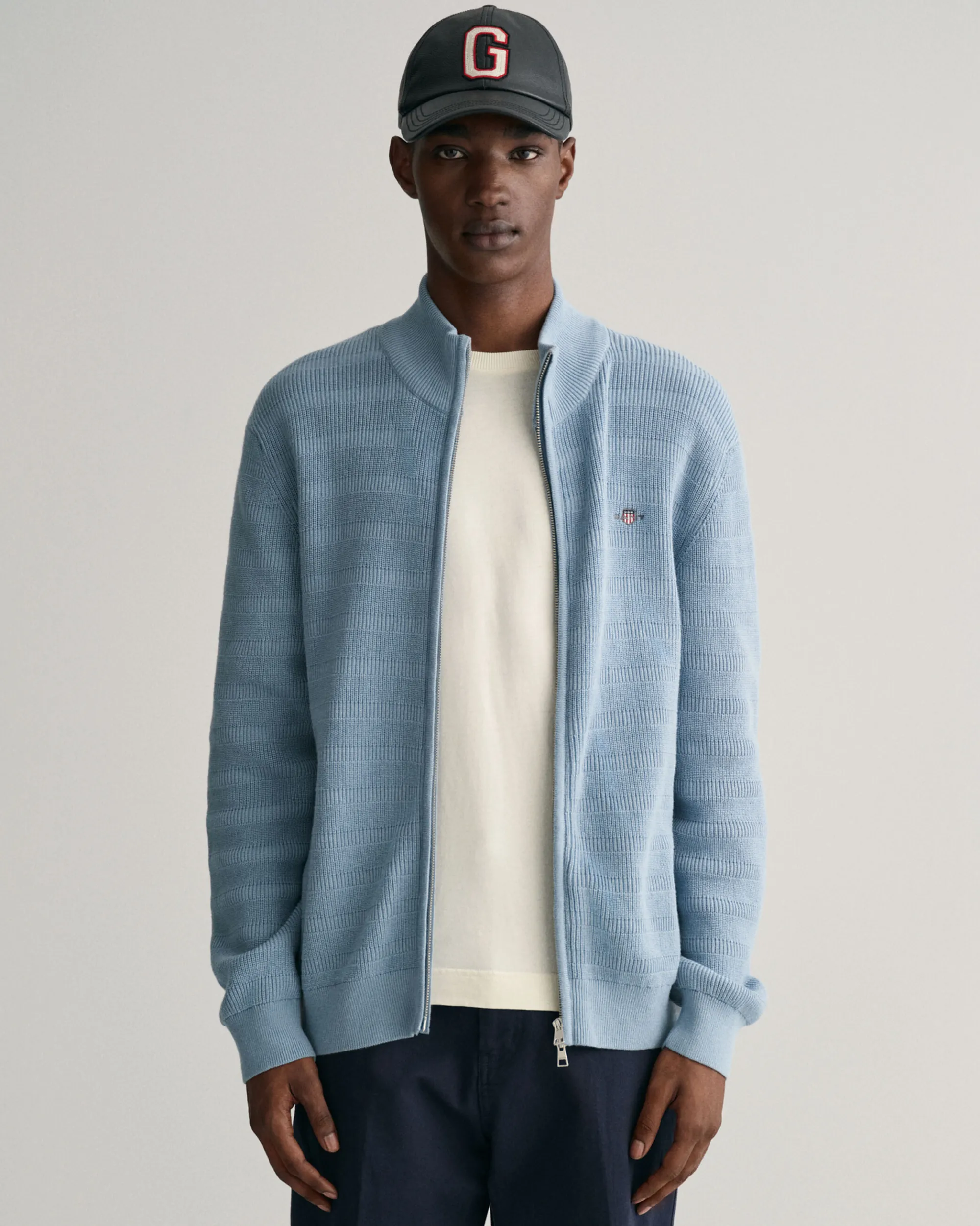 Striped Textured Cotton Zip Cardigan