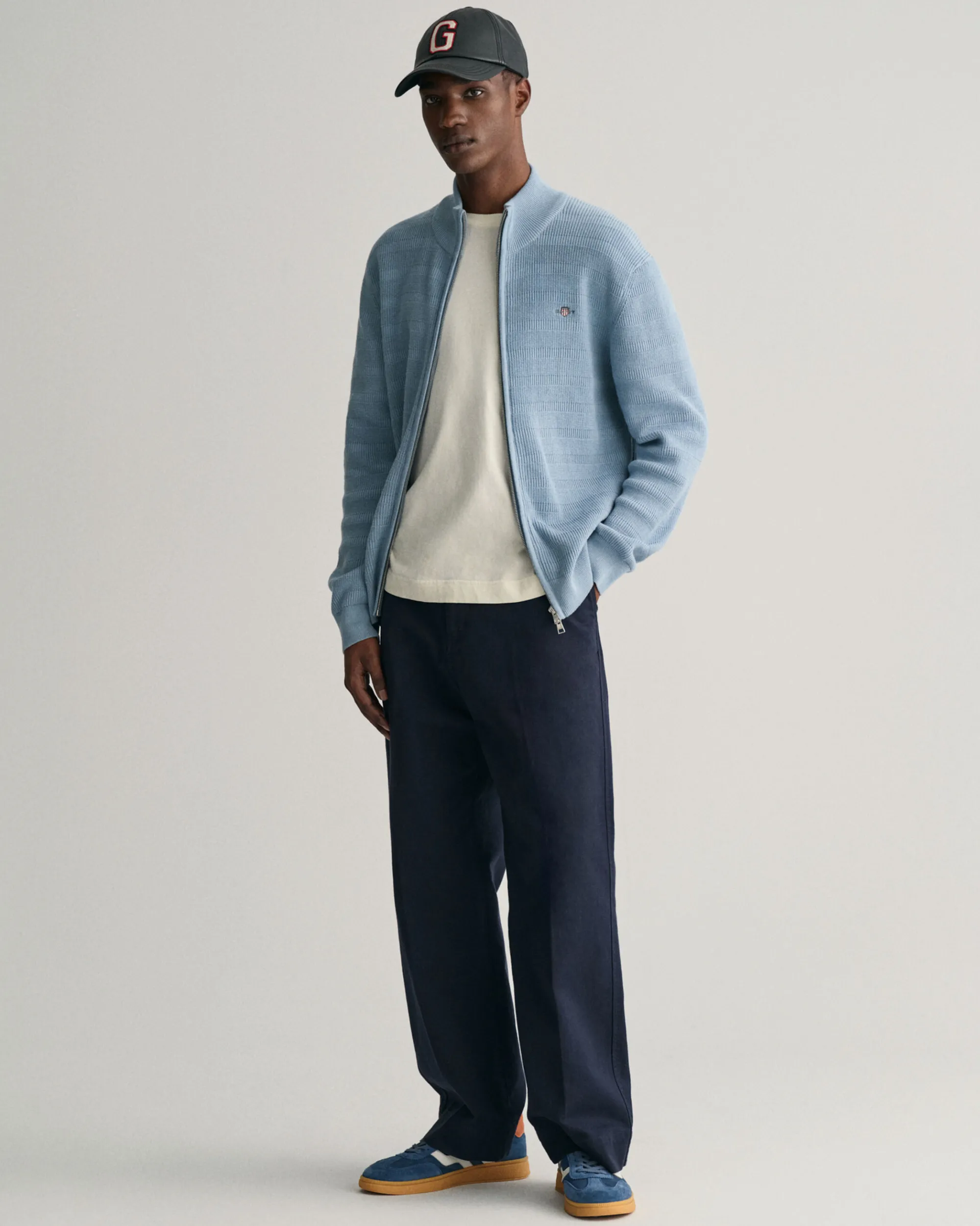 Striped Textured Cotton Zip Cardigan