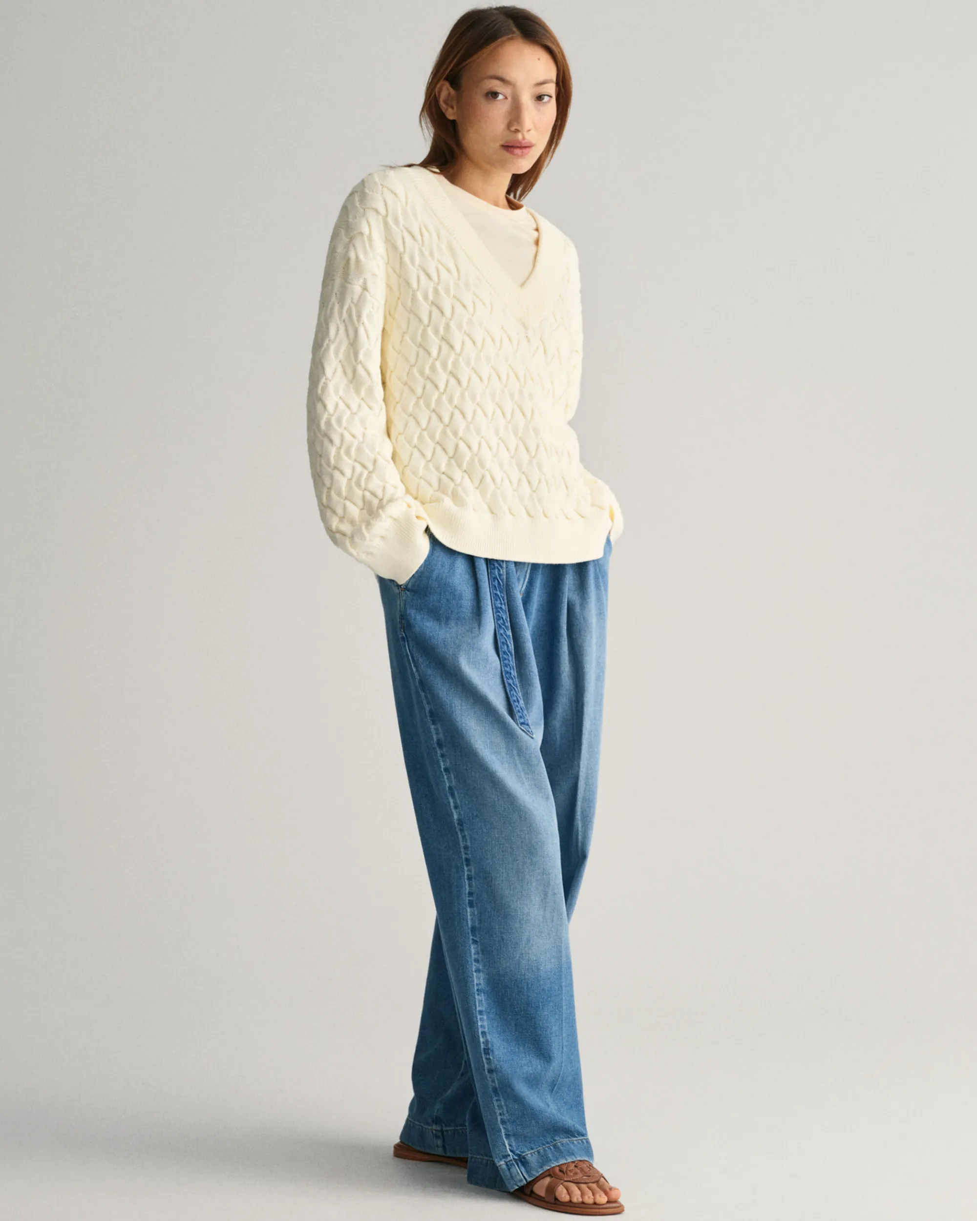 Textured Cotton V-Neck Sweater